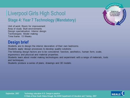 Liverpool Girls High School September, 2007Technology education K-8: Design in practice © State of New South Wales through the NSW Department of Education.
