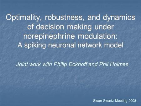 Optimality, robustness, and dynamics of decision making under norepinephrine modulation: A spiking neuronal network model Joint work with Philip Eckhoff.