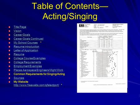 Table of Contents— Acting/Singing Title Page Title Page Vision Career Goals Career Goals Career Goals Continued Career Goals Continued My School CoursesMy.