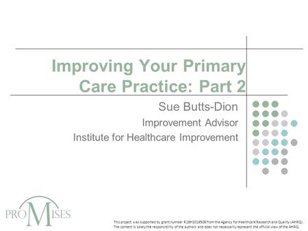 Improving Your Primary Care Practice: Part 2 Sue Butts-Dion Improvement Advisor Institute for Healthcare Improvement This project was supported by grant.