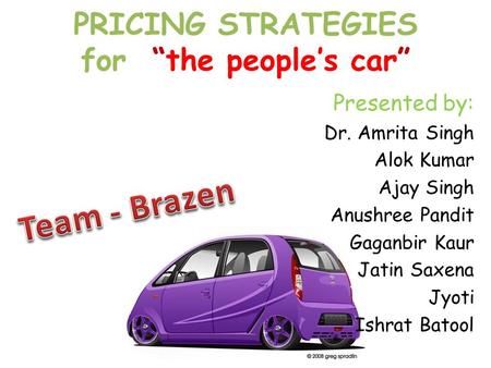 PRICING STRATEGIES for “the people’s car” Presented by: Dr. Amrita Singh Alok Kumar Ajay Singh Anushree Pandit Gaganbir Kaur Jatin Saxena Jyoti Ishrat.