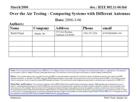 Doc.: IEEE 802.11-06/tbd Submission March/2006 Pertti Visuri, Airgain, Inc. Over the Air Testing - Comparing Systems with Different Antennas Notice: This.
