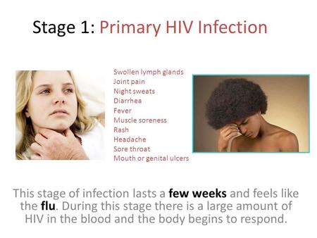 Stage 1: Primary HIV Infection This stage of infection lasts a few weeks and feels like the flu. During this stage there is a large amount of HIV in the.