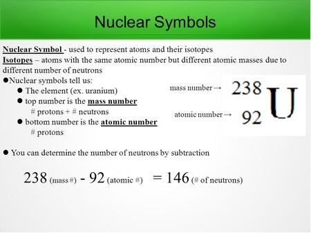 Nuclear Symbols Nuclear Symbol - used to represent atoms and their isotopes Isotopes – atoms with the same atomic number but different atomic masses due.