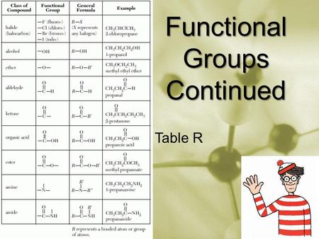 Functional Groups Continued Table R. Ethers: Ethers Continued: 1.Look at both sides of the – O – 2.If the same, use di and ether 3.If different, alphabetize.
