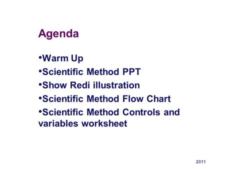 Agenda Warm Up Scientific Method PPT Show Redi illustration Scientific Method Flow Chart Scientific Method Controls and variables worksheet 2011.