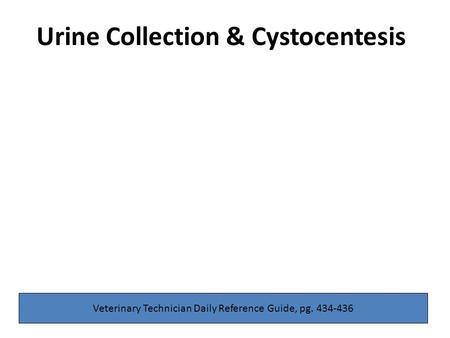 Urine Collection & Cystocentesis Veterinary Technician Daily Reference Guide, pg. 434-436.