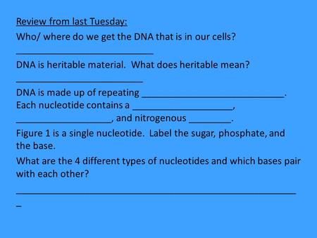 Review from last Tuesday: Who/ where do we get the DNA that is in our cells? __________________________ DNA is heritable material. What does heritable.