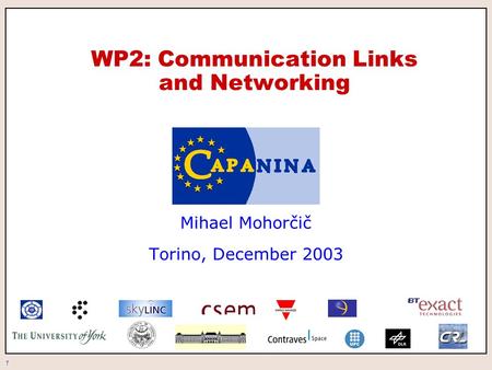 1 WP2: Communication Links and Networking Mihael Mohorčič Torino, December 2003.