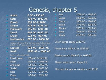 Genesis, chapter 5 Adam 0 AC – 930 AC Adam 0 AC – 930 AC Seth 130 AC -1042 AC Seth 130 AC -1042 AC Enosh235 AC-1140AC Enosh235 AC-1140AC Kenan325 AC -1235.