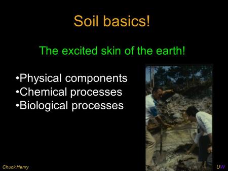 UWUW C. Henry Soil basics! The excited skin of the earth! Physical components Chemical processes Biological processes Chuck Henry.