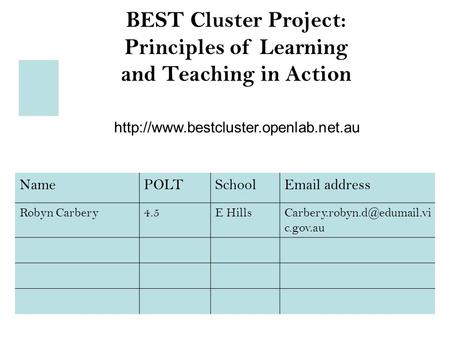 BEST Cluster Project: Principles of Learning and Teaching in Action  NamePOLTSchool address Robyn Carbery4.5E.