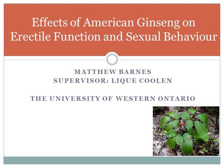 MATTHEW BARNES SUPERVISOR: LIQUE COOLEN THE UNIVERSITY OF WESTERN ONTARIO Effects of American Ginseng on Erectile Function and Sexual Behaviour.