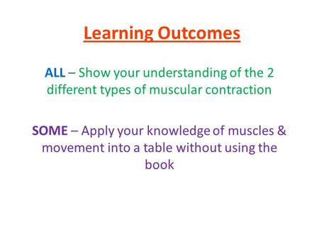 Learning Outcomes ALL – Show your understanding of the 2 different types of muscular contraction SOME – Apply your knowledge of muscles & movement into.
