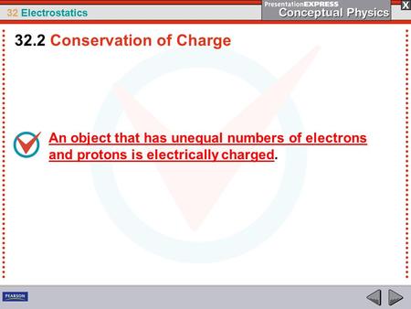 32 Electrostatics An object that has unequal numbers of electrons and protons is electrically charged. 32.2 Conservation of Charge.