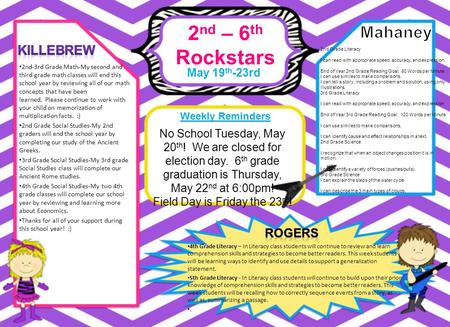 . 2 nd – 6 th Rockstars May 19 th -23rd Weekly Reminders 4th Grade Literacy – In Literacy class students will continue to review and learn comprehension.