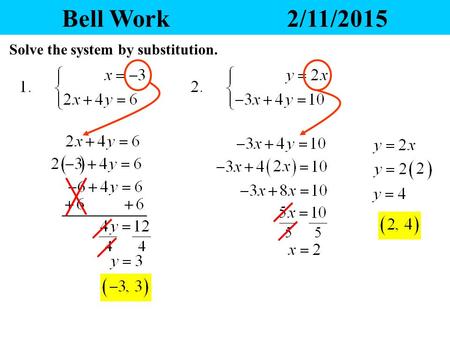 Bell Work 			2/11/2015 Solve the system by substitution.