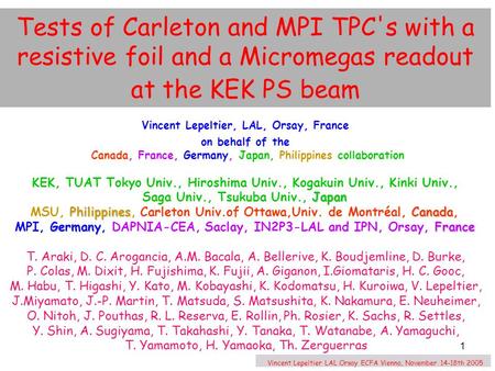 1 Tests of Carleton and MPI TPC's with a resistive foil and a Micromegas readout at the KEK PS beam Vincent Lepeltier LAL Orsay ECFA Vienna, November 14-18th.