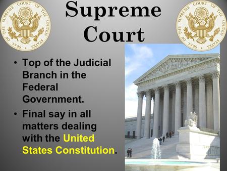 Supreme Court Top of the Judicial Branch in the Federal Government. Final say in all matters dealing with the United States Constitution.