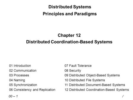 Distributed Systems Principles and Paradigms Chapter 12 Distributed Coordination-Based Systems 01 Introduction 02 Communication 03 Processes 04 Naming.
