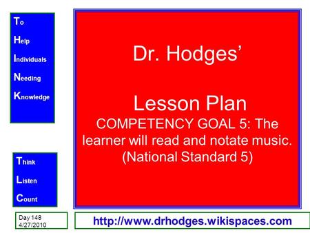 T o H elp I ndividuals N eeding K nowledge T hink L isten C ount Day 148 4/27/2010  Dr. Hodges’ Lesson Plan COMPETENCY.