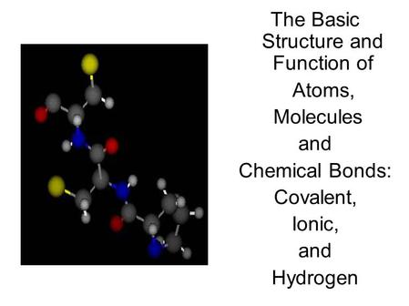 The Basic Structure and Function of Atoms, Molecules and Chemical Bonds: Covalent, Ionic, and Hydrogen.