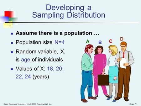 Basic Business Statistics, 11e © 2009 Prentice-Hall, Inc.. Chap 7-1 Developing a Sampling Distribution Assume there is a population … Population size N=4.