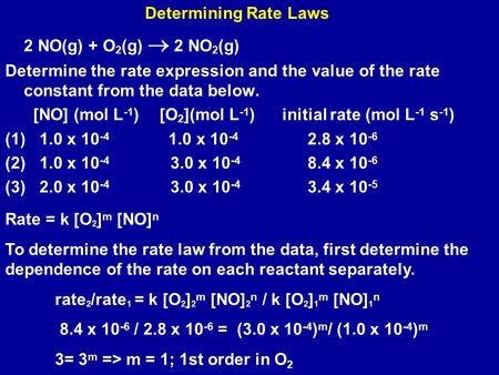 2 NO(g) + O 2 (g)  2 NO 2 (g) Determine the rate expression and the value of the rate constant from the data below. [NO] (mol L -1 ) [O 2 ](mol L -1 )