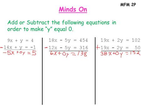MFM 2P Minds On Add or Subtract the following equations in order to make “y” equal 0.