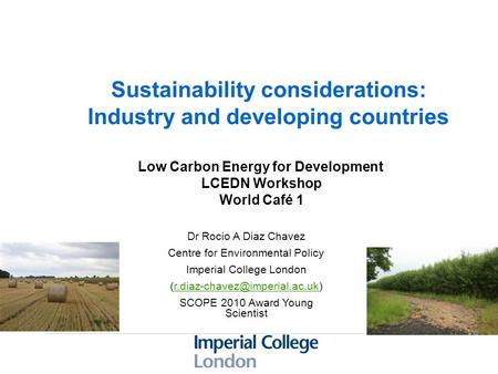 Sustainability considerations: Industry and developing countries Dr Rocio A Diaz Chavez Centre for Environmental Policy Imperial College London