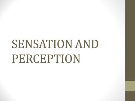 SENSATION AND PERCEPTION. Sensation: the stimulation of sense organs---absorption of energy (light/sound waves) Perception: selection, organization, and.