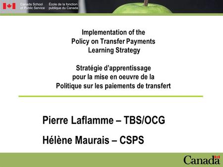 Implementation of the Policy on Transfer Payments Learning Strategy Stratégie d’apprentissage pour la mise en oeuvre de la Politique sur les paiements.