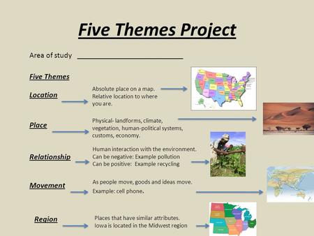 Five Themes Project Area of study ___________________________ Five Themes Location Place Relationship Movement Region Absolute place on a map. Relative.
