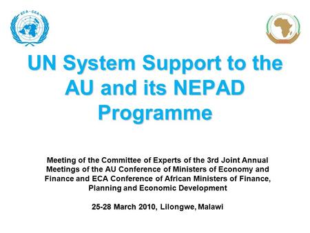 UN System Support to the AU and its NEPAD Programme Meeting of the Committee of Experts of the 3rd Joint Annual Meetings of the AU Conference of Ministers.