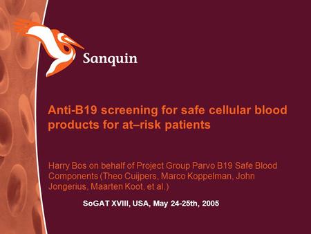 Anti-B19 screening for safe cellular blood products for at–risk patients SoGAT XVIII, USA, May 24-25th, 2005 Harry Bos on behalf of Project Group Parvo.