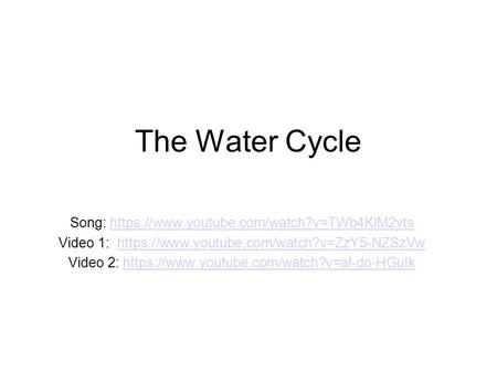 The Water Cycle Song: https://www.youtube.com/watch?v=TWb4KlM2vts