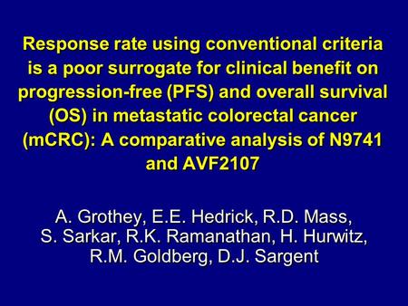 Response rate using conventional criteria is a poor surrogate for clinical benefit on progression-free (PFS) and overall survival (OS) in metastatic colorectal.