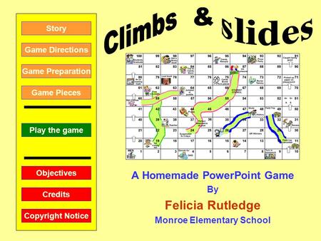 A Homemade PowerPoint Game By Felicia Rutledge Monroe Elementary School Play the game Game Directions Story Credits Copyright Notice Game Preparation Objectives.