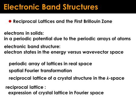 Electronic Band Structures electrons in solids: in a periodic potential due to the periodic arrays of atoms electronic band structure: electron states.