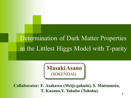 1 Determination of Dark Matter Properties in the Littlest Higgs Model with T-parity Masaki Asano (SOKENDAI) Collaborator: E. Asakawa (Meiji-gakuin), S.
