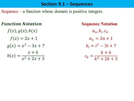 Sequence – a function whose domain is positive integers. Section 9.1 – Sequences.