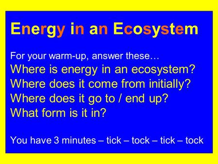 Energy in an Ecosystem For your warm-up, answer these… Where is energy in an ecosystem? Where does it come from initially? Where does it go to / end up?