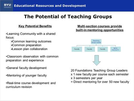 Educational Resources and Development The Potential of Teaching Groups Key Potential Benefits Learning Community with a shared focus:  Common learning.