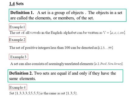 1.4 Sets Definition 1. A set is a group of objects ． The objects in a set are called the elements, or members, of the set. Example 2 The set of positive.