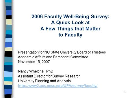 1 2006 Faculty Well-Being Survey: A Quick Look at A Few Things that Matter to Faculty Presentation for NC State University Board of Trustees Academic Affairs.