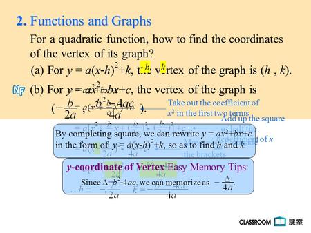 For a quadratic function, how to find the coordinates of the vertex of its graph? 2. Functions and Graphs (a) For y = a(x - h) 2 +k, the vertex of the.