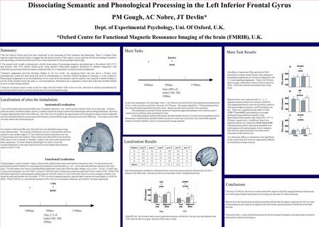 Dissociating Semantic and Phonological Processing in the Left Inferior Frontal Gyrus PM Gough, AC Nobre, JT Devlin* Dept. of Experimental Psychology, Uni.