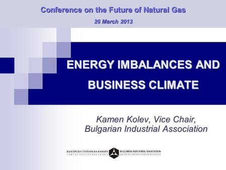 ENERGY IMBALANCES AND BUSINESS CLIMATE Kamen Kolev, Vice Chair, Bulgarian Industrial Association Conference on the Future of Natural Gas 26 March 2013.