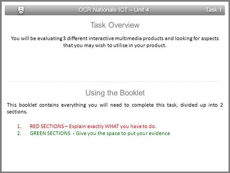 OCR Nationals ICT – Unit 4 Task 1 Task Overview You will be evaluating 3 different interactive multimedia products and looking for aspects that you may.
