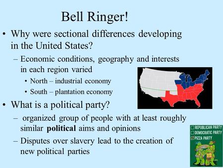Bell Ringer! Why were sectional differences developing in the United States? Economic conditions, geography and interests in each region varied North –